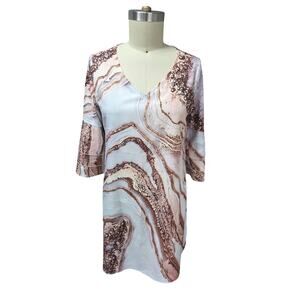 Brown Marble or Geode Print Dress — 3-Tier Trumpet Sleeve, Size L, NWT